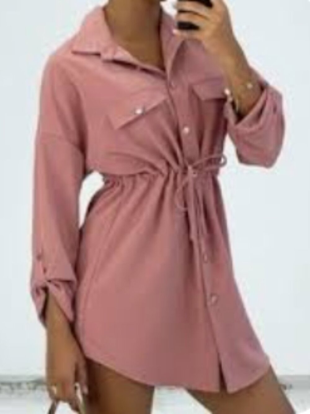 ZARA Dusty Pink Snap-Front Shirt Dress Medium Tunic Mini Neutral